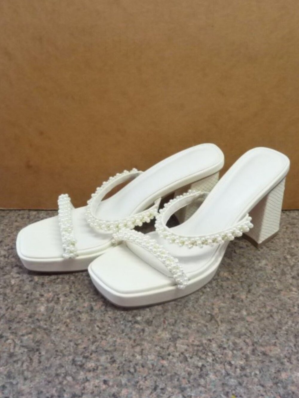 Women's Platform Chunky High Heels Sandals Square Open Toe Strappy Pearl Size 10